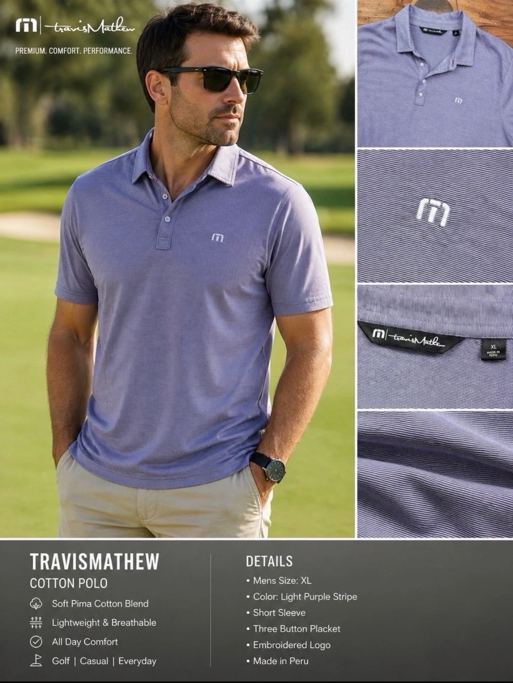 TravisMathew Mens XL Purple Striped Pima Cotton Blend Short Sleeve Polo Shirt